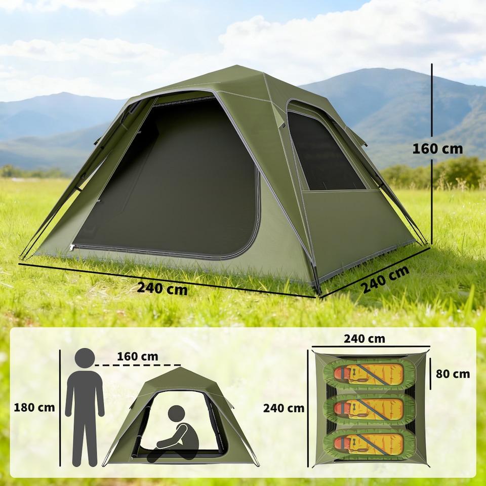 image 1 of Outsunny Pop Up Tent Waterproof Camping Tents 2-3 People Green | Green | Army Green