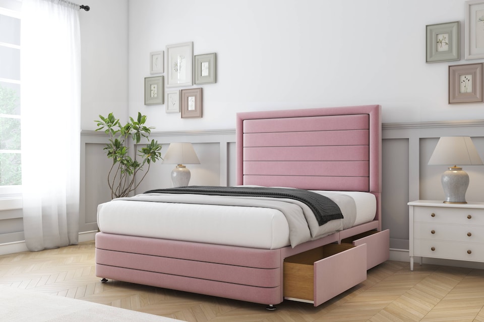 image 1 of Sloomy Ashford Pink Plush Divan Bed Base 2 Drawers Left Side With 26 Inch Strutted Headboard & 12 Inch Matching Footboard | Pink | Pink | King | 1