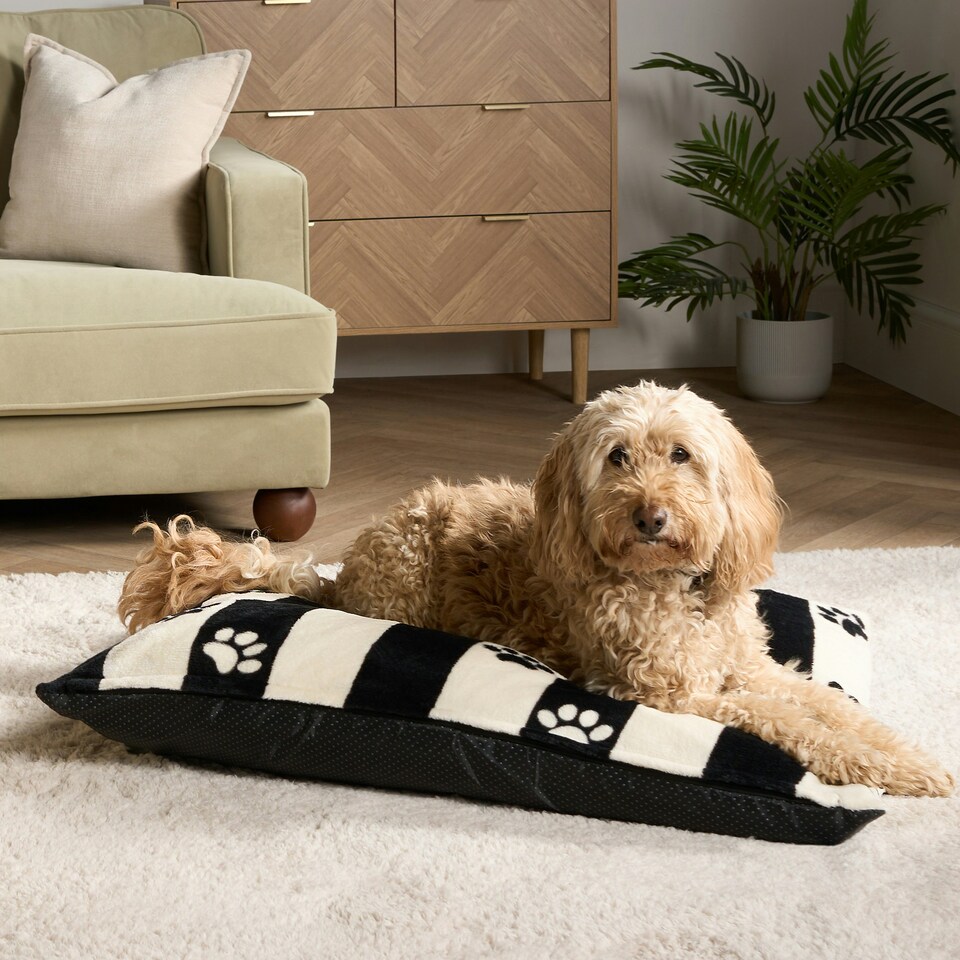 image 1 of OHS Dog Paw Print Soft Plush Plump Cosy Autumn Pumpkin Stripe Leopard Pet Bed Cushion, 80x60cm Multi | Mono - Stripe | L