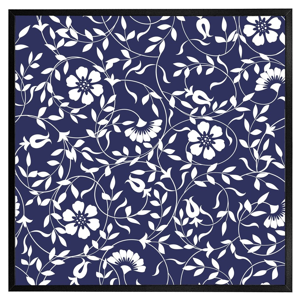 image 1 of White flowers on navy (Picture Frame) Brown | Oak | XS