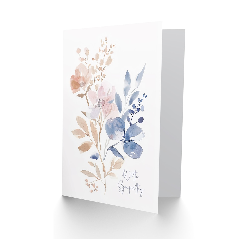 image 1 of Elegant Pink Tan Blue Flower Bouquet Watercolour Sympathy Card
