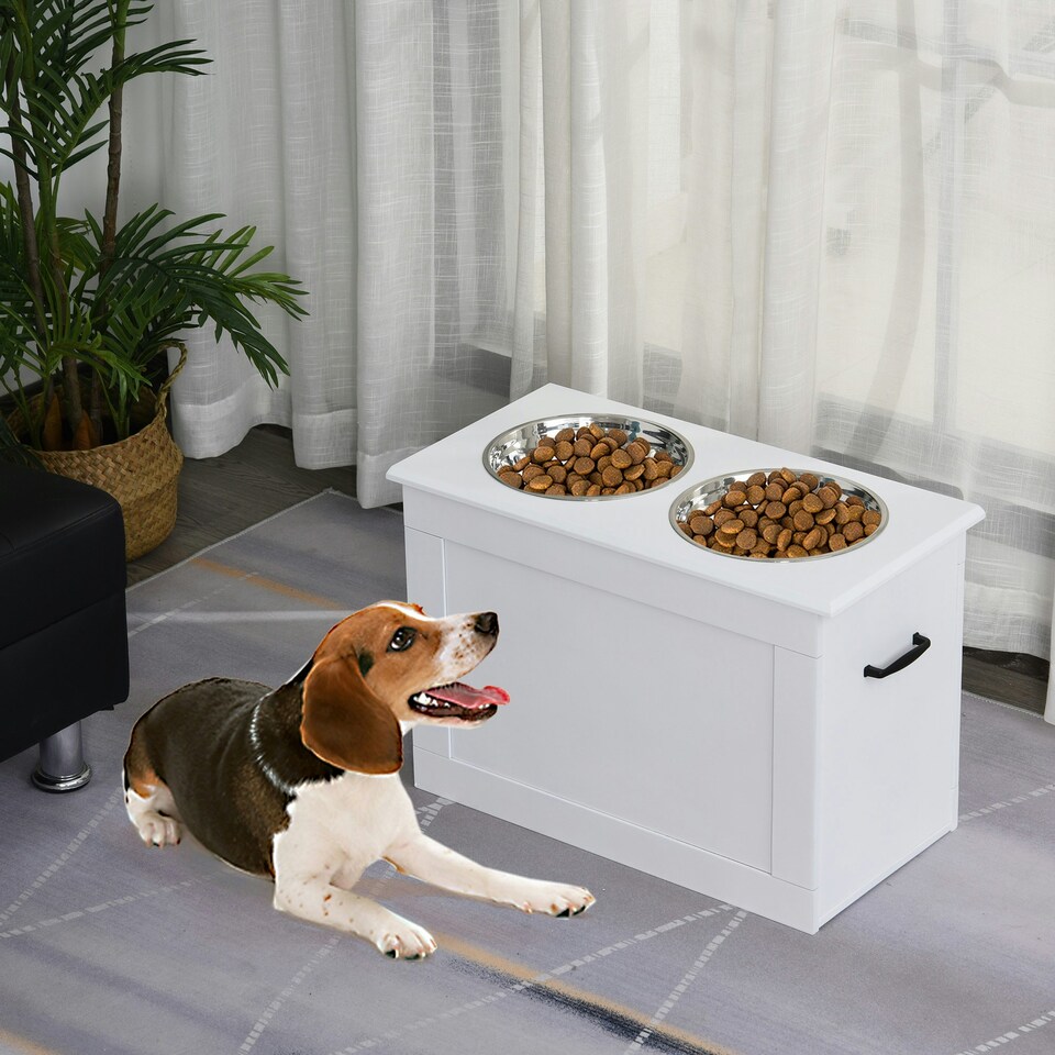 image 1 of PawHut Raised Pet Bowls w/ Storage, Two Stainless Bowls, Elevated Base - White