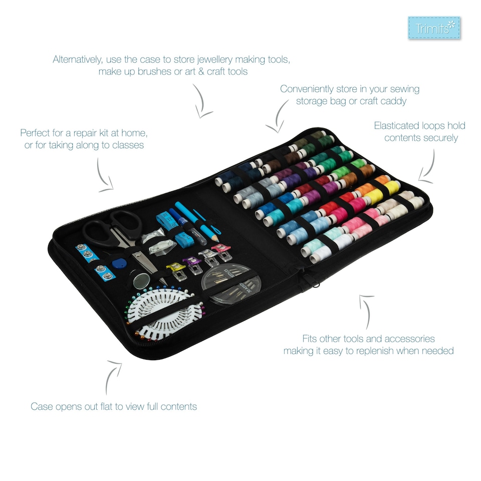 image 1 of Trimits Complete Sewing Kit - 22.5x20x3.5cm, Cotton Zip Case, Threads, Needles, Scissors & Accessories