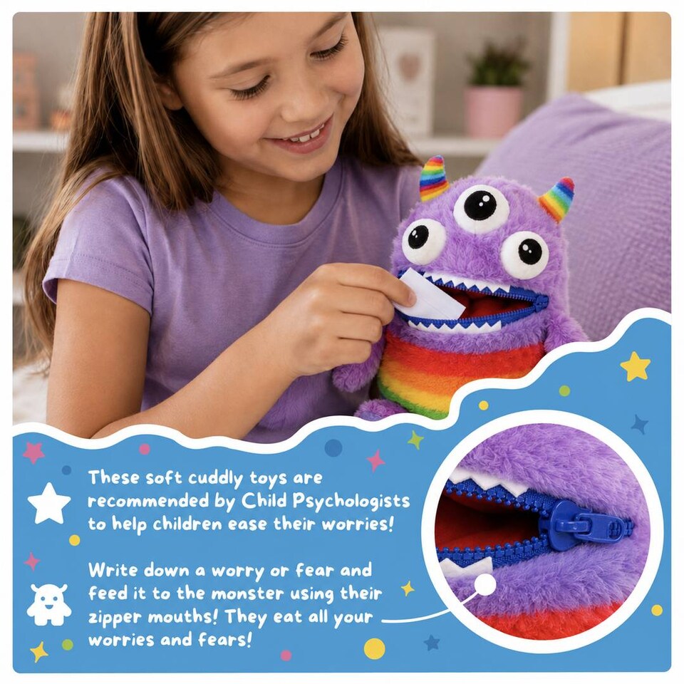 image 1 of Kids Worry Yummy Monster Cuddly Plush Toy Gift Set of 3 - Jumbo, Large and Clip-On Sizes Included