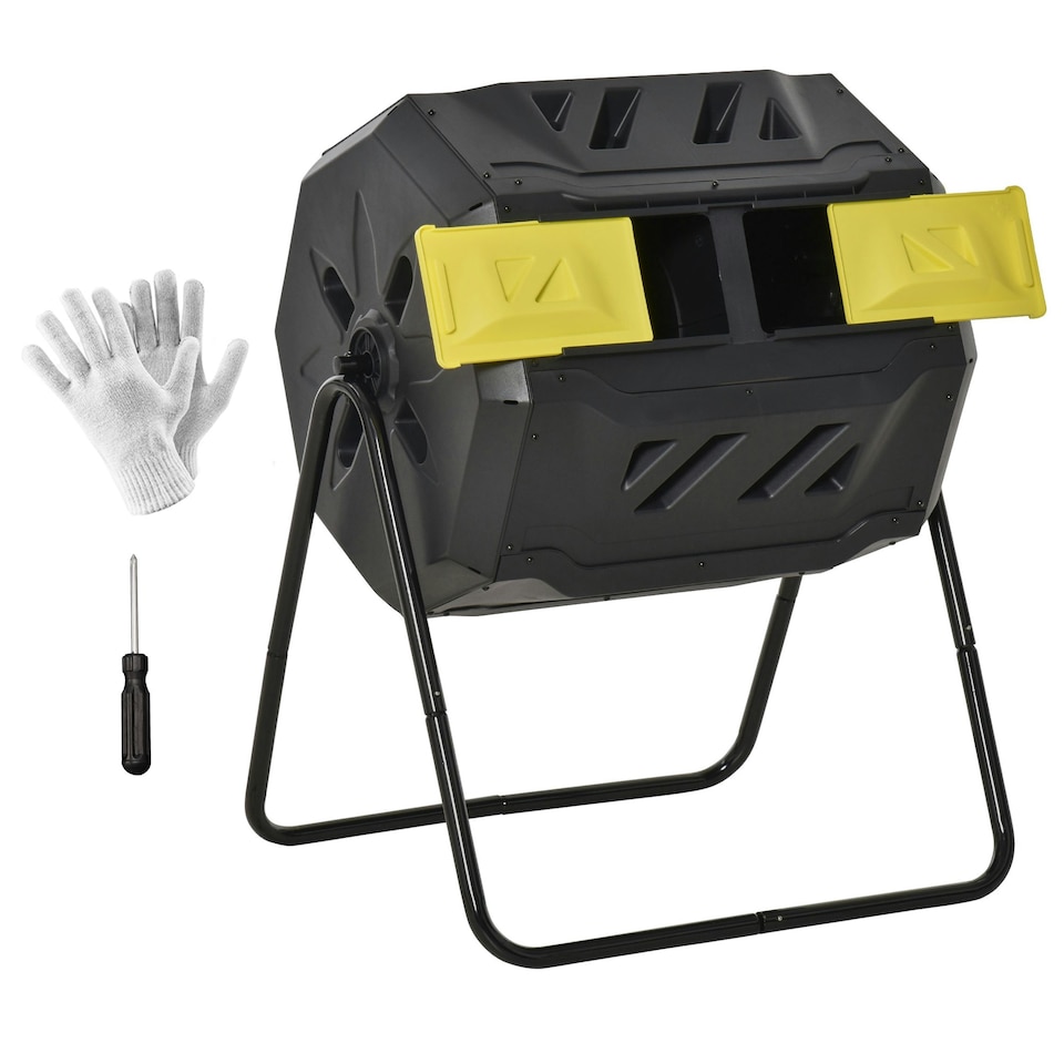 image 1 of Outsunny 160L Outdoor Tumbling Compost Bin with Dual Chamber Yellow | Yellow | One Size