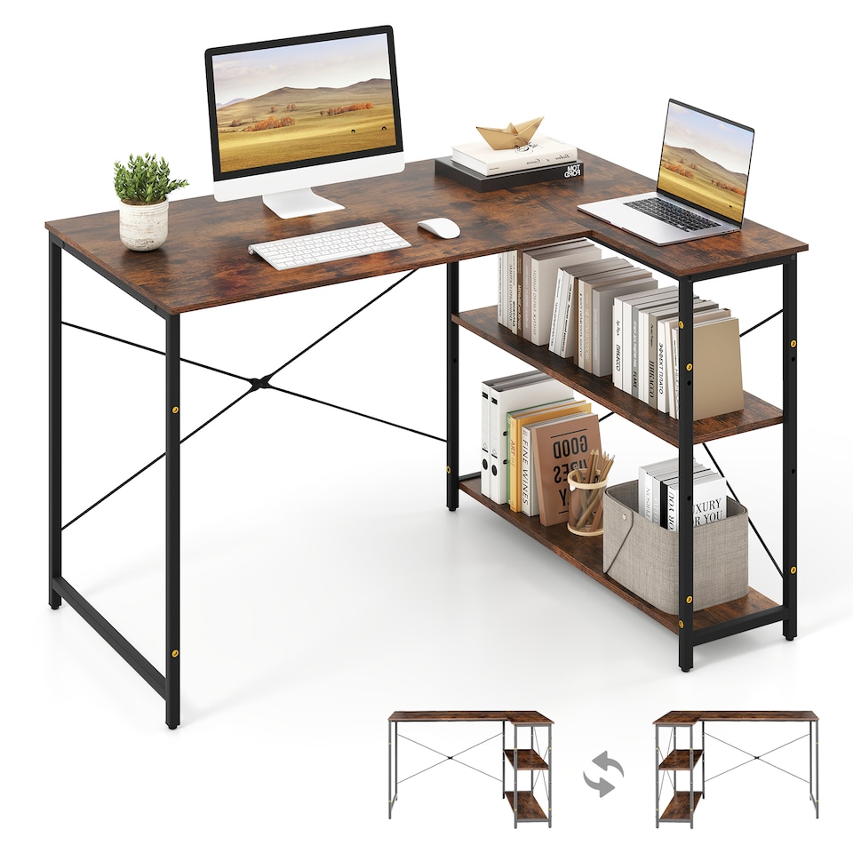image 1 of COSTWAY L-shaped Computer Desk Reversible Corner Desk Brown