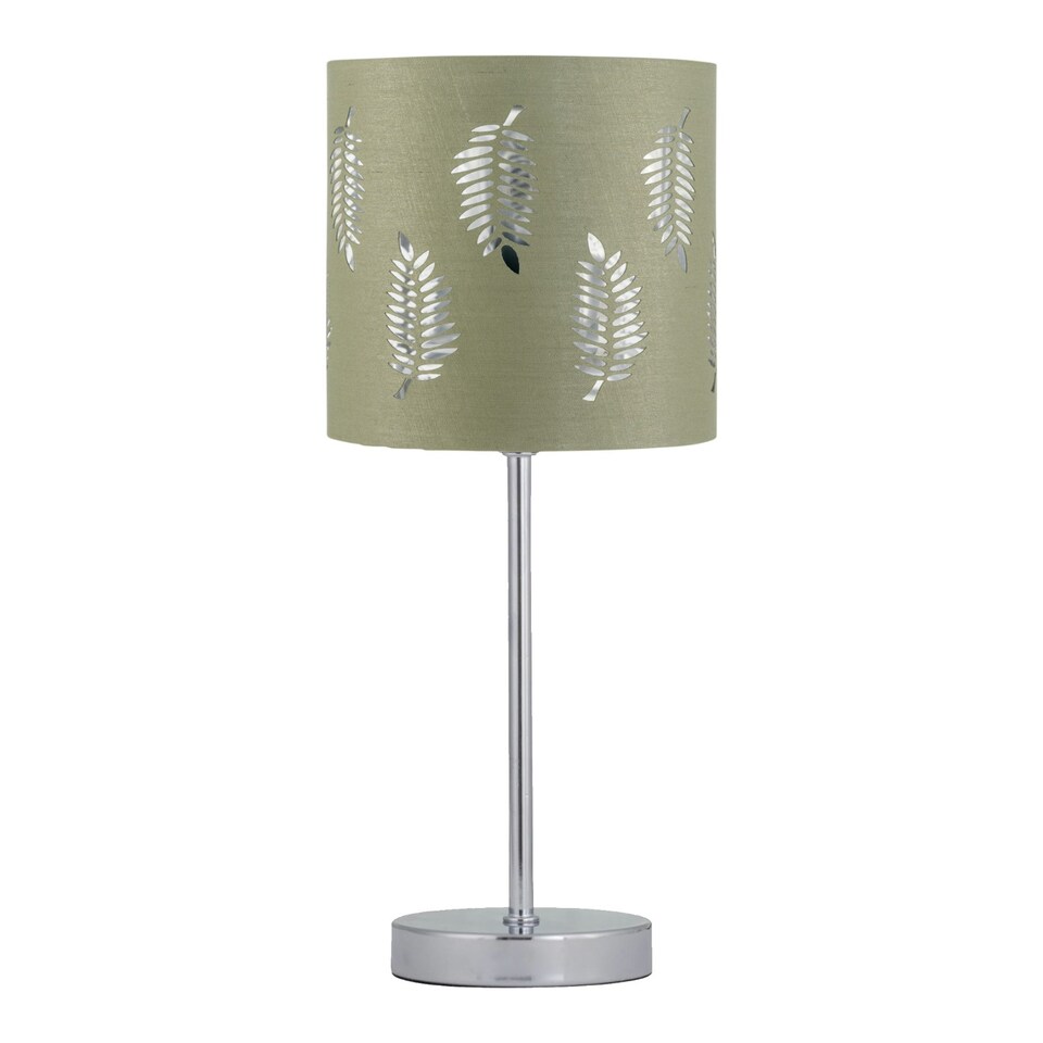 image 1 of Set of 2 Chrome Stick Table Lamps with Sage Green Fern Shades Chrome | Green