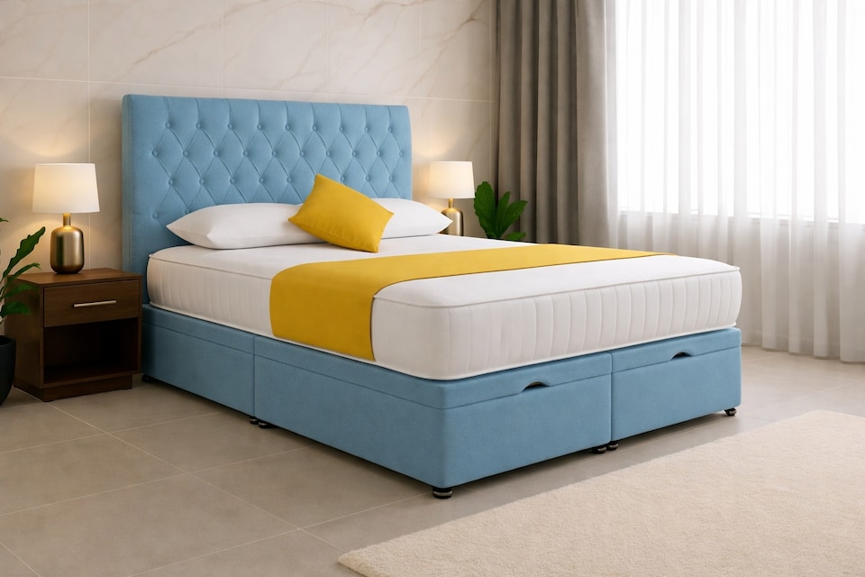 image 1 of Ottoman Storage Sky Blue Plush Velvet 5ft Kingsize Headboard with Mattress