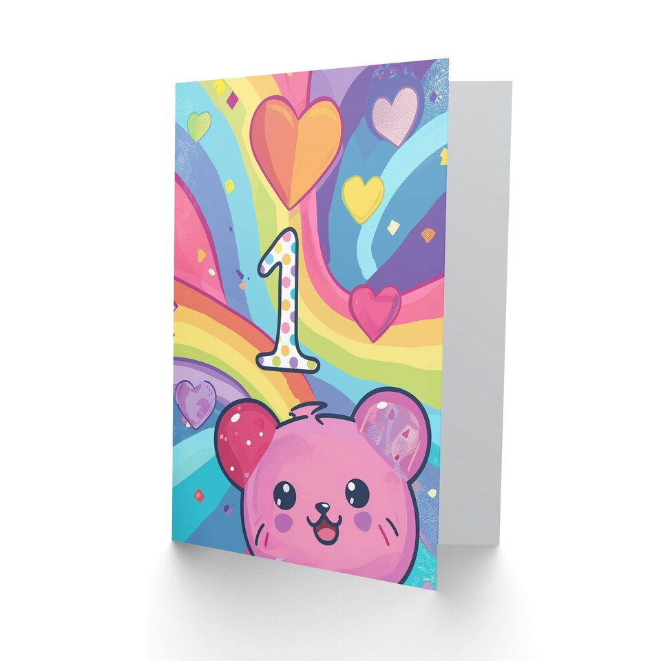 image 1 of Rainbow Kawaii Hamster Bear Cartoon Cute 1st First Age One Child Kids Birthday Card