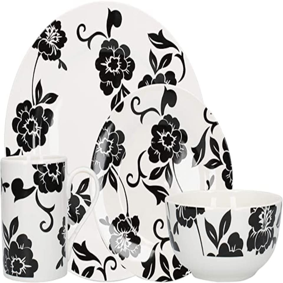 image 1 of Creative Tops 16pc White and Black Floral Porcelain Dinner Set