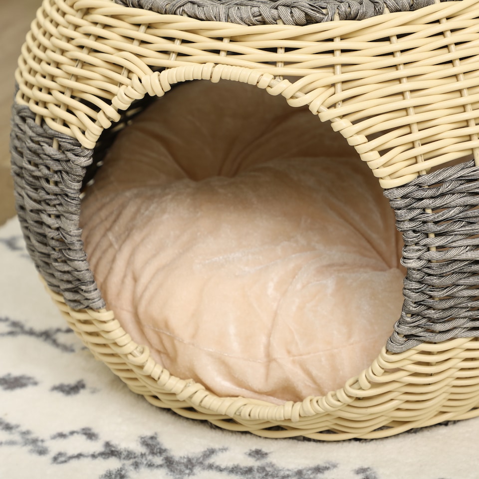 image 1 of PawHut Wicker Cat House, Rattan Raised Cat Bed with Soft Cushion, 40 x 30cm