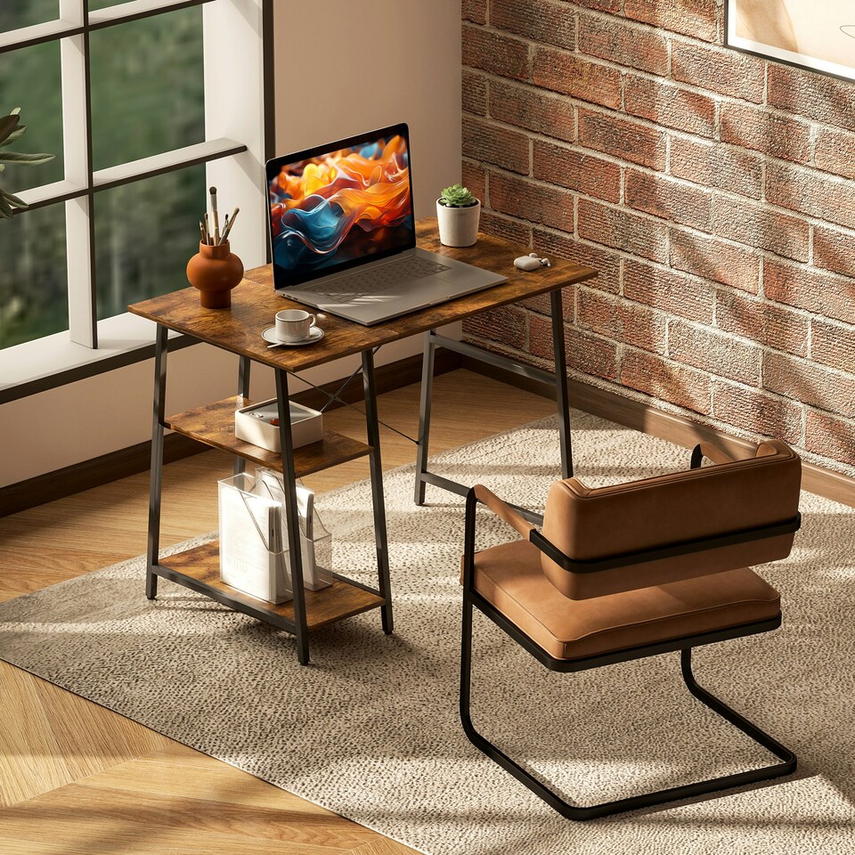 image 1 of HOMCOM 100cm Computer Table with Shelves and Steel Frame, Rustic Brown | Brown | Black | 100W x 60D x 76H cm