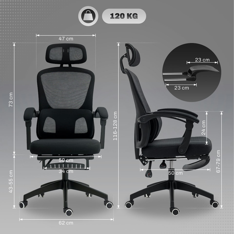 image 1 of HOMCOM Mesh Ergonomic Office Chair with Lumbar Support, Headrest, Black Black
