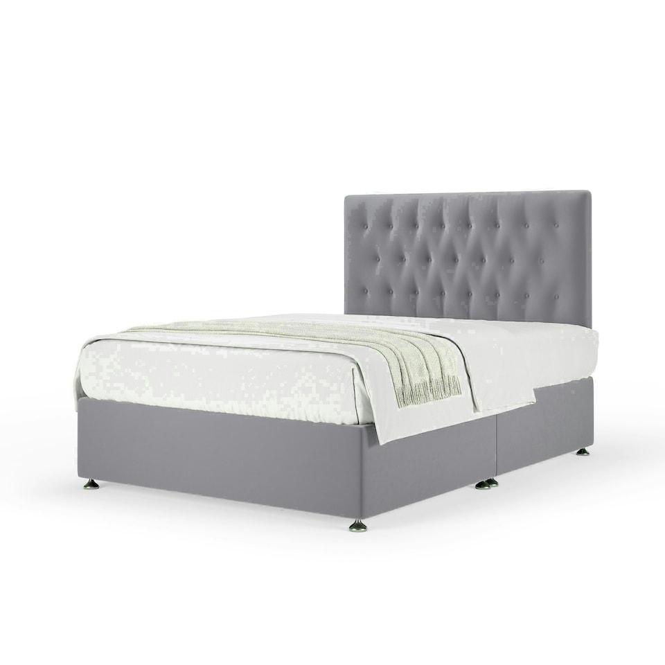 Silver Plush Velvet No Drawer Divan Base and Lona Headboard King Size