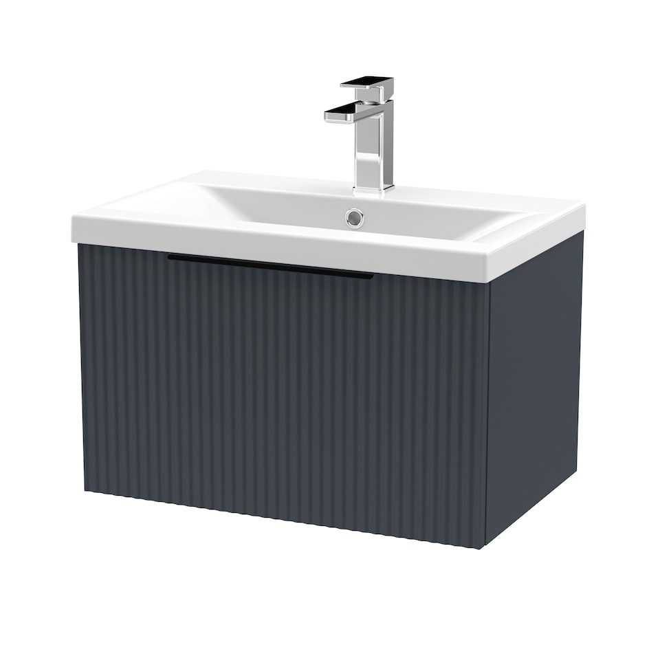 image 1 of Balterley Fluted Front Wall Hung 1-Drawer Bathroom Vanity Unit with 1 Tap Hole Basin, Handles | Grey | Soft Black