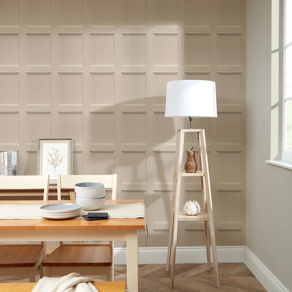 image 1 of Classic Wood Panel Wallpaper in Nude | Cream | Nude