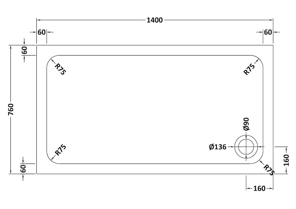 image 1 of White Rectangular Stone Anti-Slip Shower Tray with Corner Waste, 1400x760mm | White | White