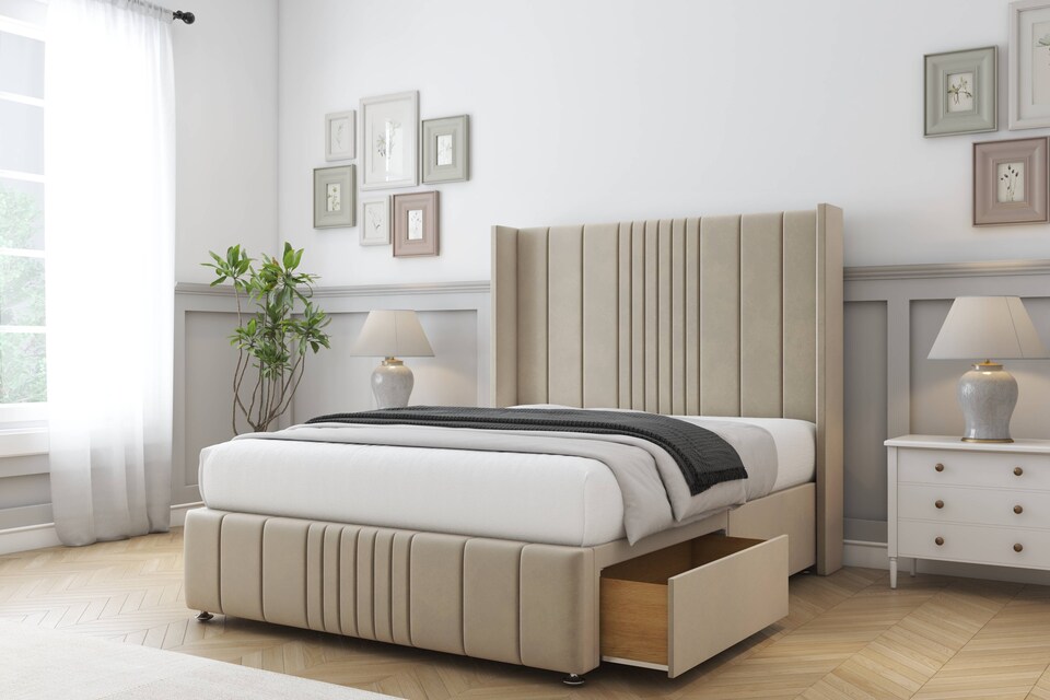 image 1 of Sloomy Hargrave Almond Coniston Divan Bed Base 2 Drawers Foot-End With 54 Inch Wingback Headboard & 12 Inch Matching Footboard | Cream | Almond | Super King | 1