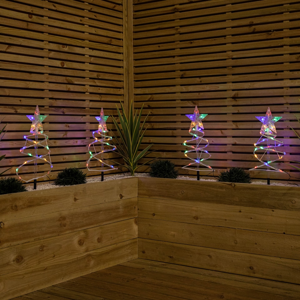 image 1 of 45cm Set of 4 Light up White Spiral Christmas Tree Garden Path Lights with 100 Multi-Coloured LEDs
