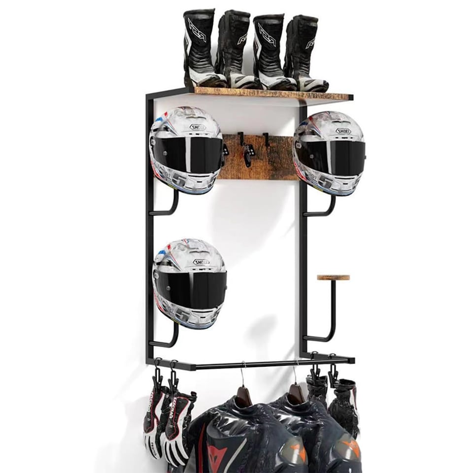 image 1 of London Boutique Motorcycle Helmet Wall Storage Rack with Riding Boot & Jacket Hooks 42 x 25 x 81cm