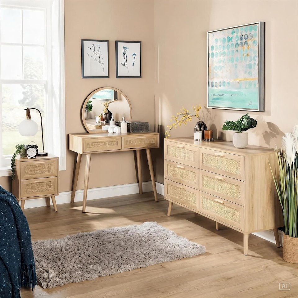 image 1 of Chest 4 Drawers with Rattan Fronts Solid Wooden Legs | Brown