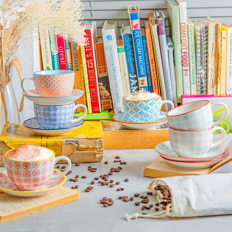 image 1 of Nicola Spring 12 Piece Hand-Printed Cappuccino Cup & Saucer Set - 250ml - Blue