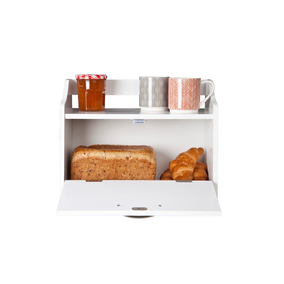 image 1 of Minack Wooden Bread Bin in White - Freestanding Worktop Storage Box with Shelf | White