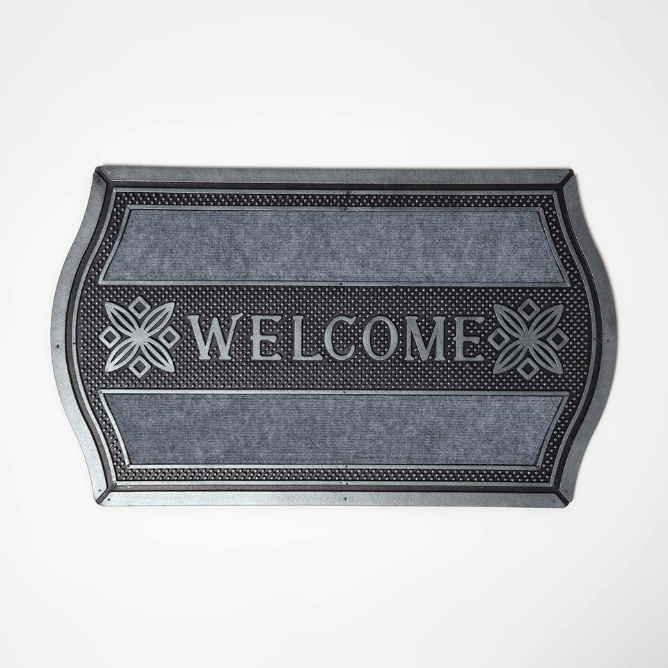 image 1 of Homescapes Silver 'Welcome' Door Mat with Curved Edge - 75 x 45 cm