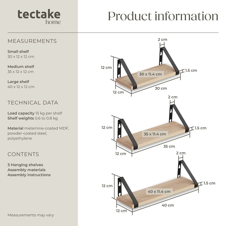 image 1 of Wall Shelves - set of 3, decorative metal brackets, high load-capacity, 3 widths included | Brown | industrial wood light, oak Sonoma | 40 x 12 x 12 cm | 1