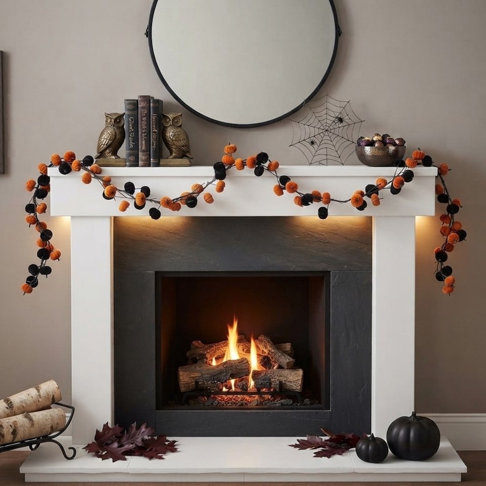 image 1 of Heaven Sends Halloween Orange & Black Velvet Pumpkin Garland 150 cm