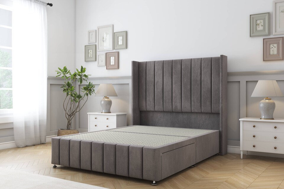 image 1 of Sloomy Melbourne Slate Naples Divan Bed Base 2 Drawers Foot-End With 54 Inch Wingback Headboard & 12 Inch Matching Footboard | Grey | Slate | King | 1