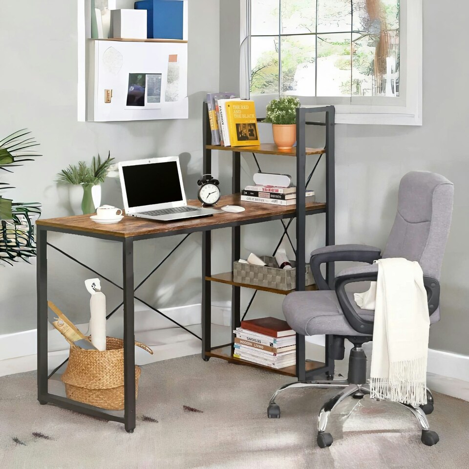 image 1 of 97CM Wide Computer Desk With 3 Shelves Rustic Brown Brown