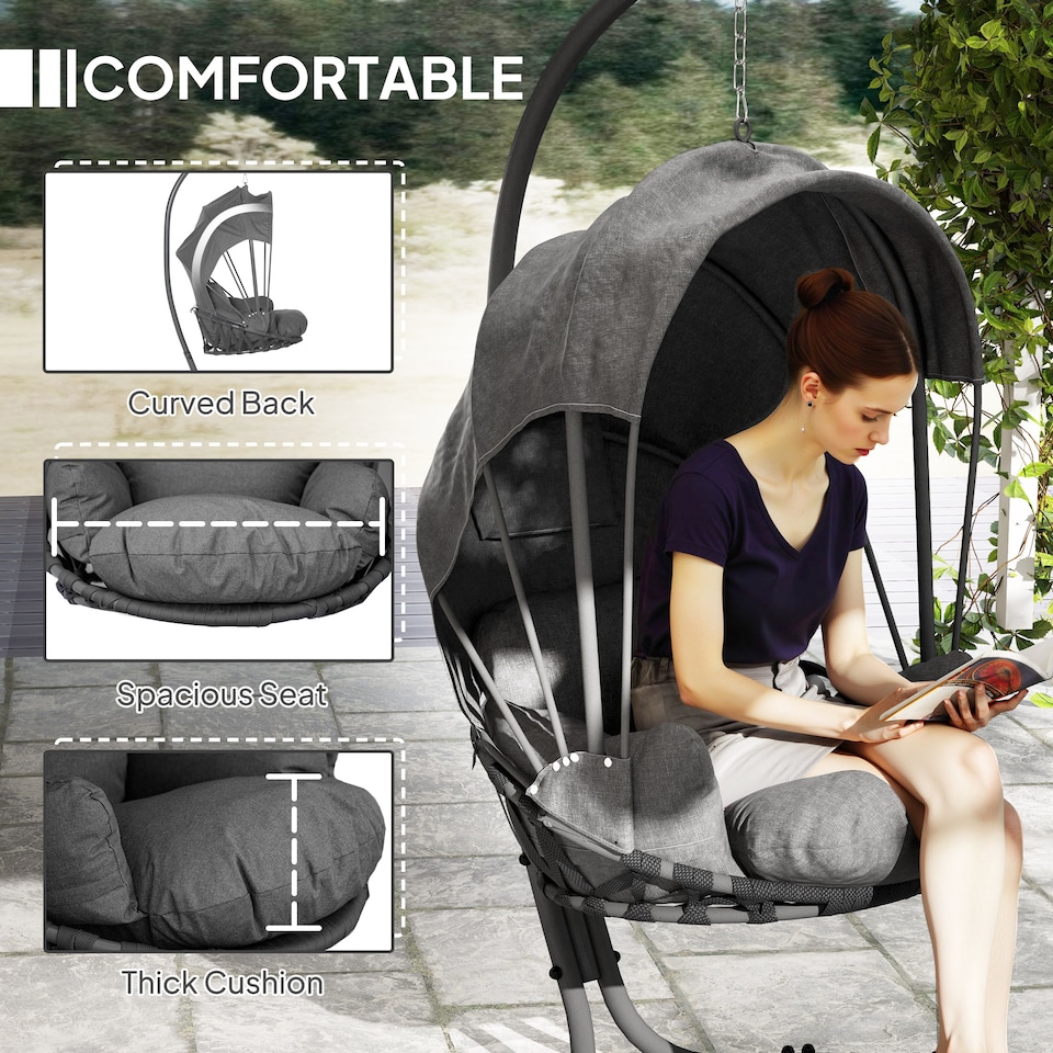 image 1 of Outsunny Hanging Egg Chair with Cushion and Retractable Canopy, Swing Hammock Chair with Adjustable Metal Stand, for Indoor and Outdoor, Grey