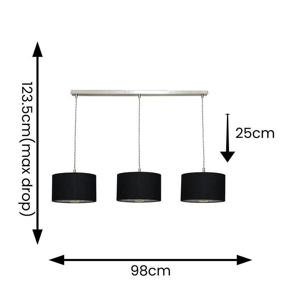 image 1 of ValueLights Reni Black & Chrome Drum Shade 3 Drop Bar Chrome Diner Ceiling Light and Bulbs Silver