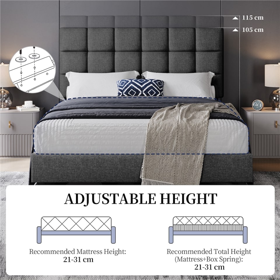 image 1 of Yaheetech 150 cm W × 200 cm L Upholstered Bed Frame Dark Grey