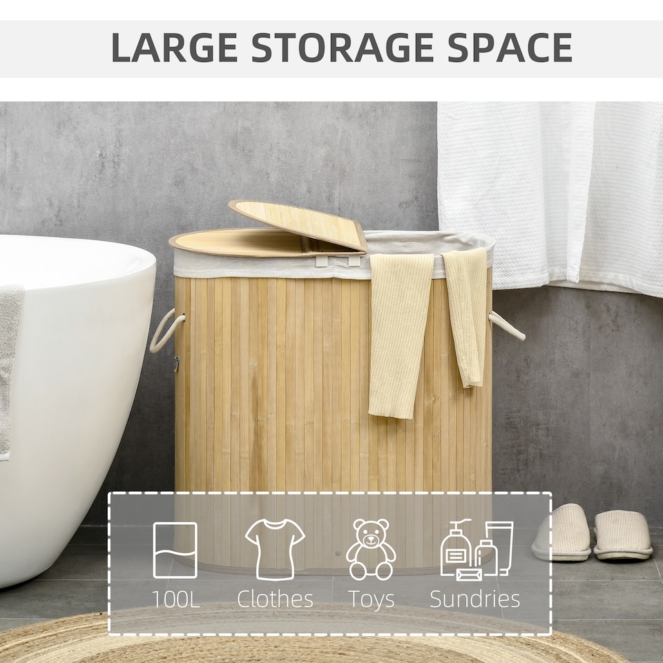 image 1 of HOMCOM Bamboo Laundry Basket with Lid, 100 Litres Laundry Hamper with 2 Sections, Removable Washable Lining, Washing Baskets, 62.5 x 37 x 60.5cm, Natural