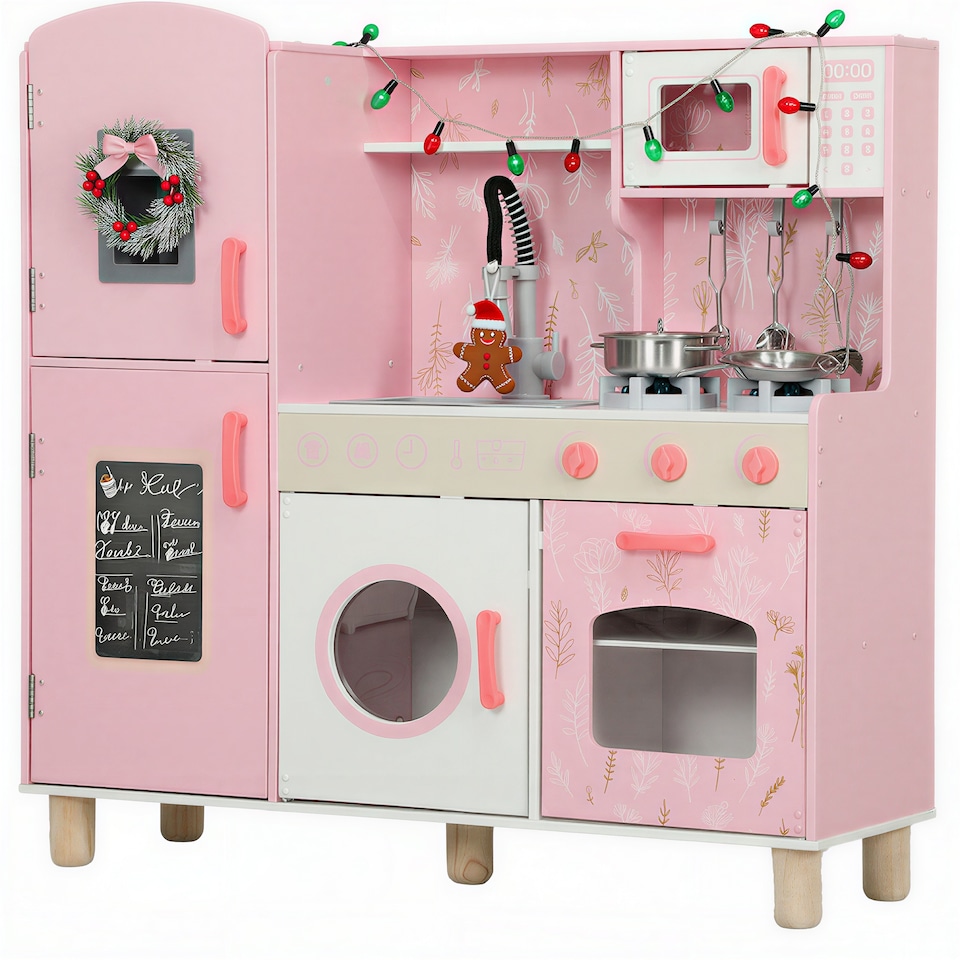 image 1 of AIYAPLAY Toy Kitchen, Pretend Role Play Kitchen, Kids Kitchen Set with Lights and Sounds, Double Stoves, Ice Maker, Chalkboard, Microwave, Oven, Sink, 5 Accessories, Pink