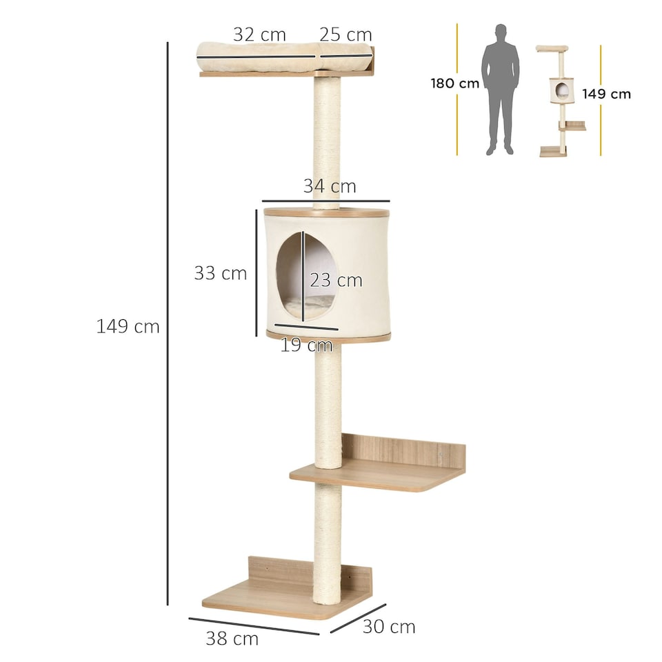image 1 of PawHut Wall-Mounted Cat Tree Shelter with Cat House, Bed Beige