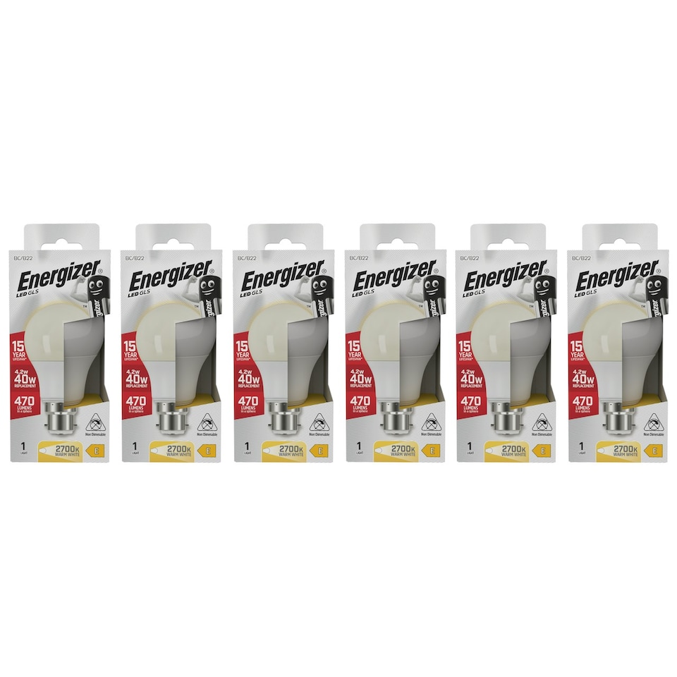 image 1 of Energizer LED GLS B22 470lm 4.2W 2700K (Warm White) Light Bulb - Pack of 6