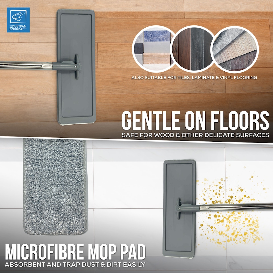 image 1 of Flat Mop and Bucket Set with Swivel Head Built In Wringer and 2 Washable Microfibre Mop Heads