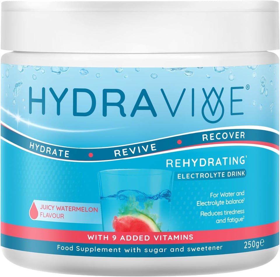 image 1 of Hydravive Rehydration Electrolytes Powder - Watermelon - High Strength Vitamin C & All 8 B Vitamins: B1, B3, B5, B12 - Electrolyte Drinks - 250g