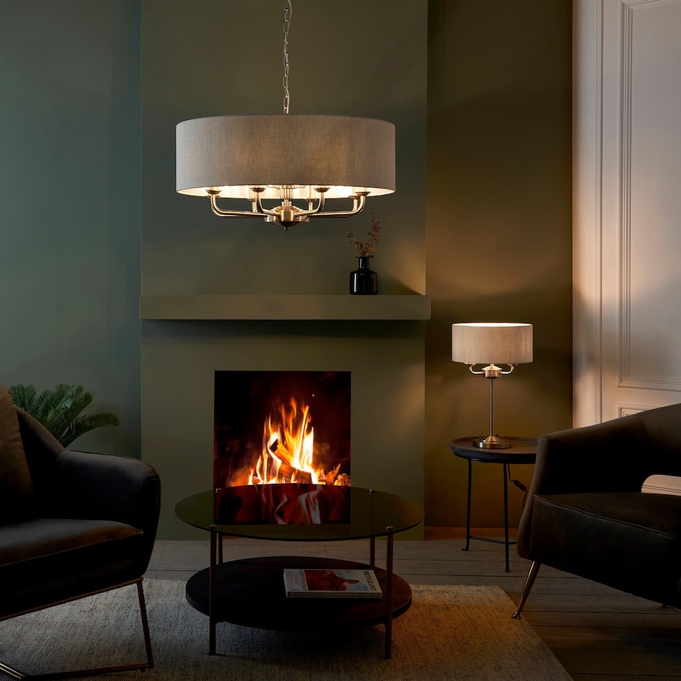 image 1 of Highclere Single Shade Pendant Ceiling Lamp, Brushed Chrome Plate, Natural Linen