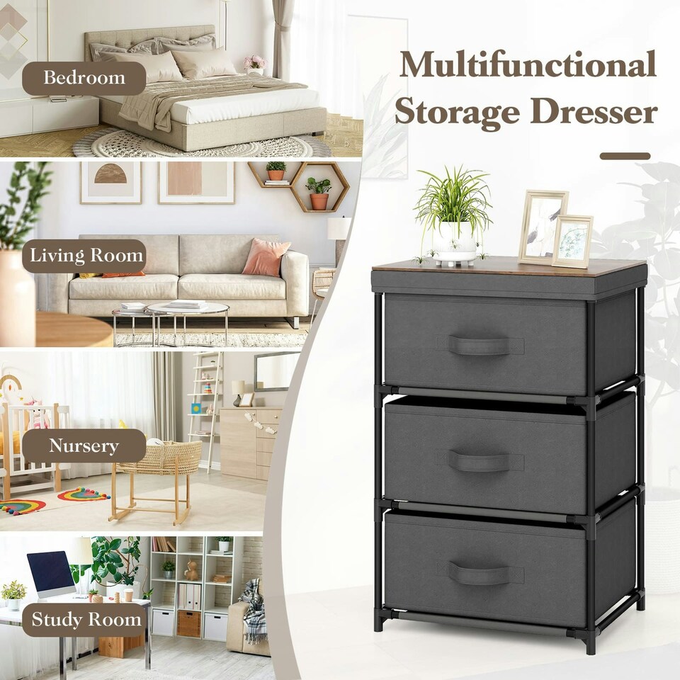 image 1 of COSTWAY Set of 2 3-Tier Fabric Dresser Fabric Nightstand Grey Grey