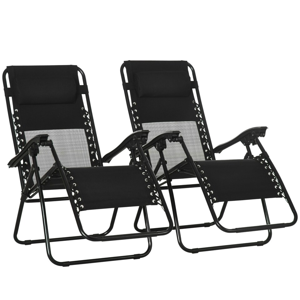 image 1 of Outsunny Foldable Garden Recliner Chair Set of 2 w/ Footstool & Headrest, Black
