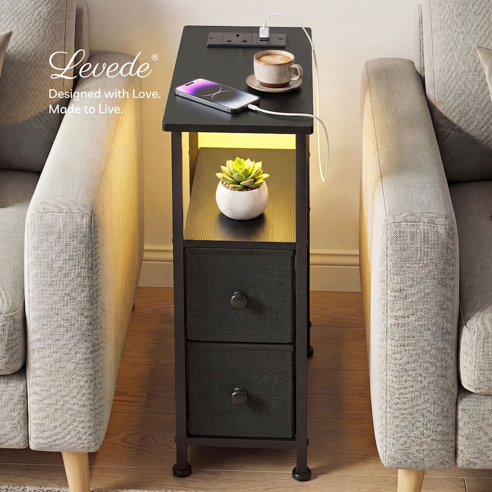 image 1 of Levede Bedside Table Narrow Side Table with LED Charging Station Storage Black