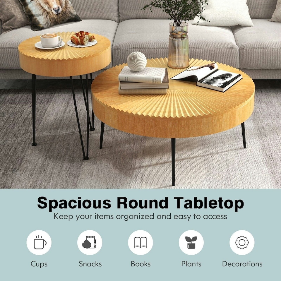 image 1 of COSTWAY 2PCS Round Nesting Tables Accent Coffee Tables Brown