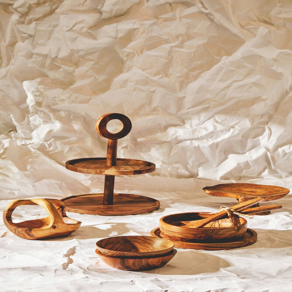 image 1 of Kora Sheesham Wood Two Tier Cake Stand Brown