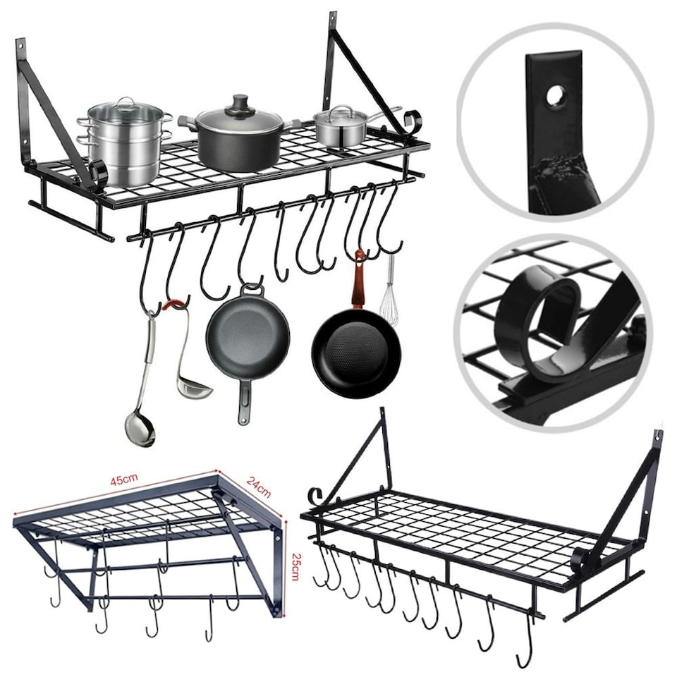 image 1 of Living and Home Kitchen Metal Shelves Pan & Pot Rack Storage Shelf with 10 Hooks Wall Mounted