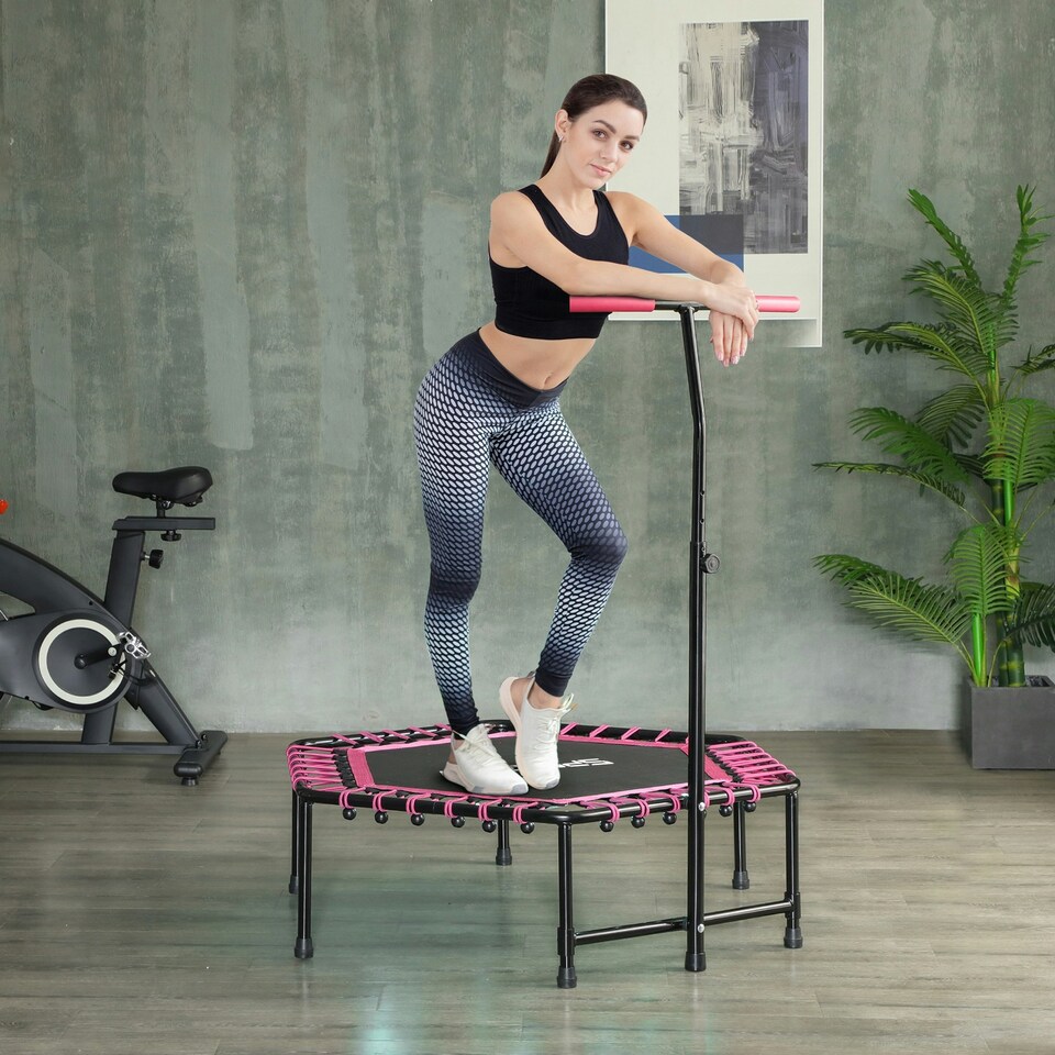 image 1 of SPORTNOW 45" Fitness Trampoline with Adjustable Handle, LED Lights, Pink