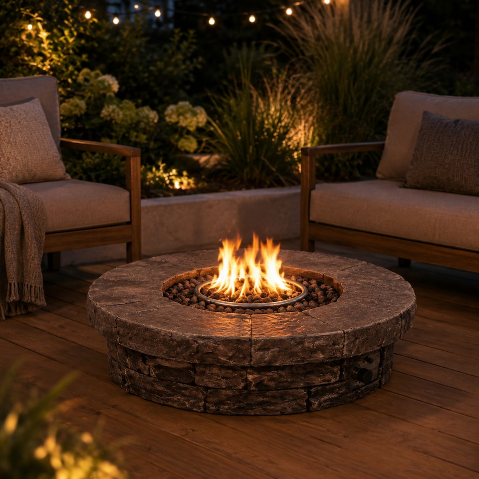 image 1 of Teamson 94cm Round Gas Fire Pit Table with Slate Top & Lava Rocks